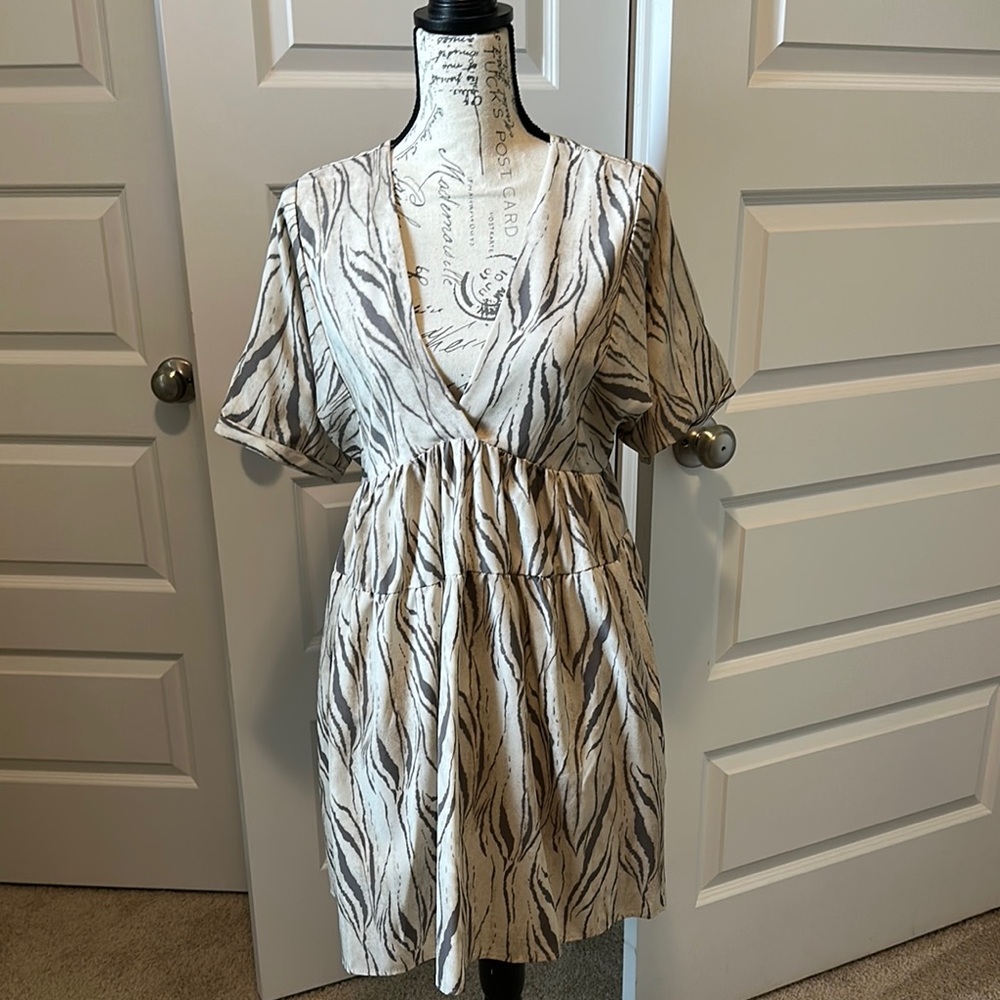 Mustard Seed Brown/Cream Mini Sundress with Plunge Dolman Sleeves